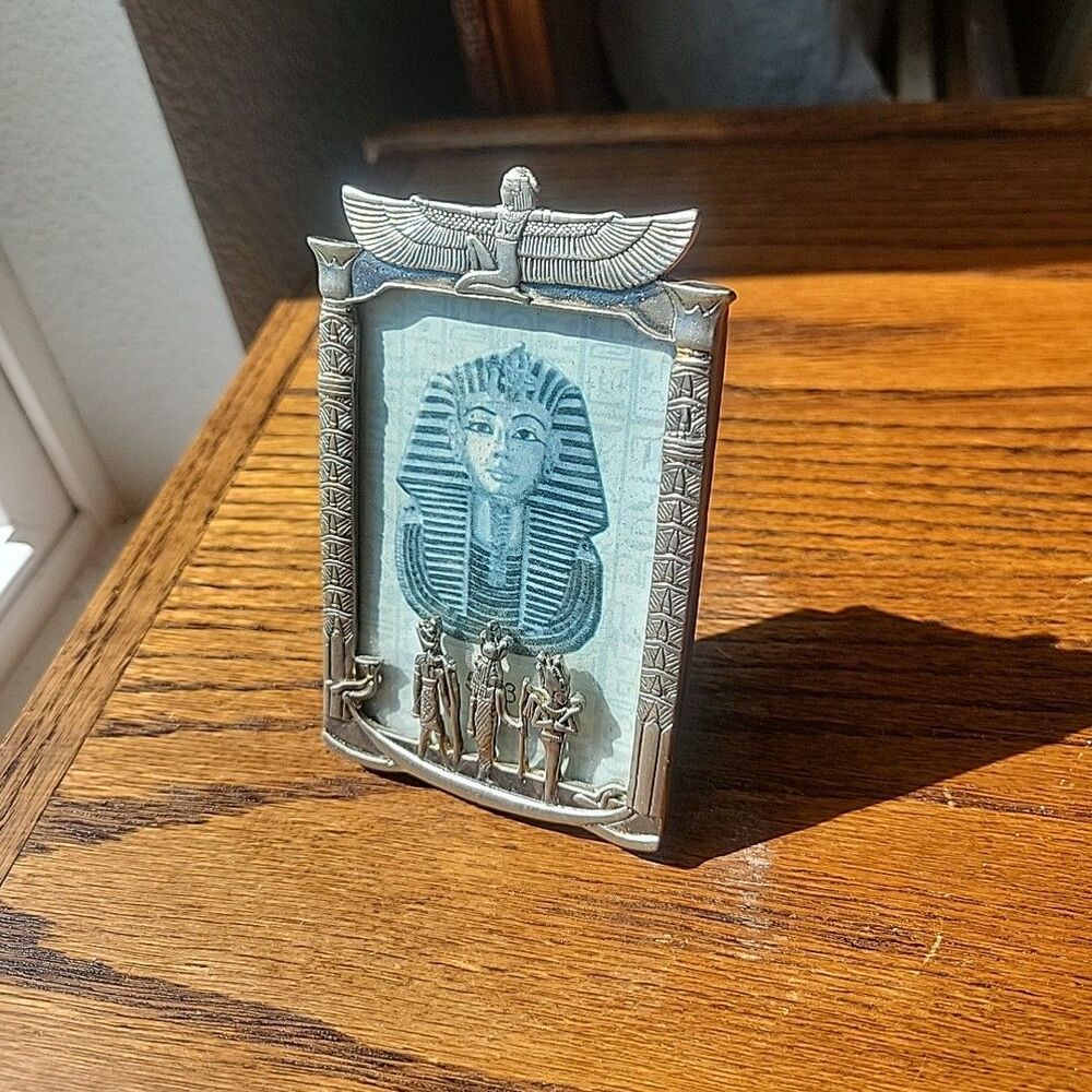 Vtg Egyptian Art Deco miniature photo frame Gods Hieroglyphs Silver 2.5x3.5" pho